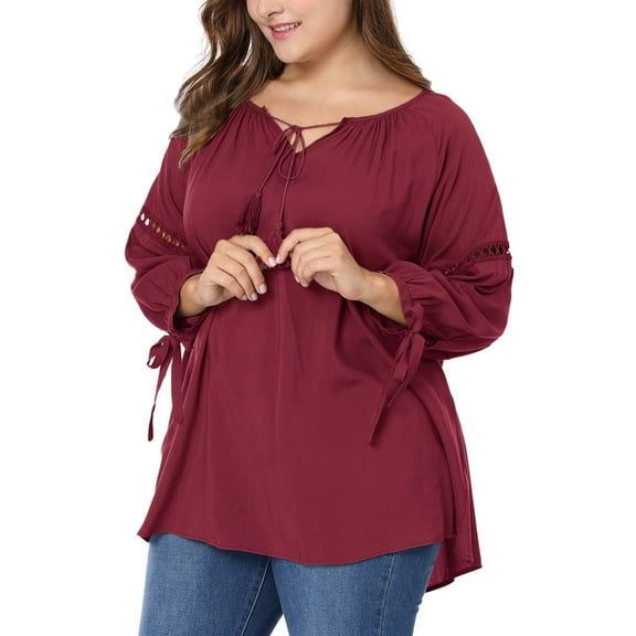Agnes Orinda Women's Plus Size Valentines Day 3/4 Sleeves Tie Neck Hollow Out Tunic Peasant Spring Fall Blouse 4X Burgundy