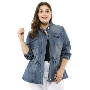 Agnes Orinda Women's Plus Size Fall Outfits Drawstring Waist Zipper Denim Jacket