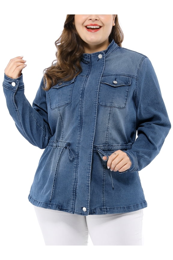 Women's Plus Size Fall Outfits Drawstring Waist Zipper Denim Jacket 4X Blue