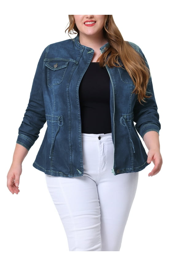 Women's Plus Size Stand Collar Zip Closure Drawstring Denim Jacket Navy Blue 1X