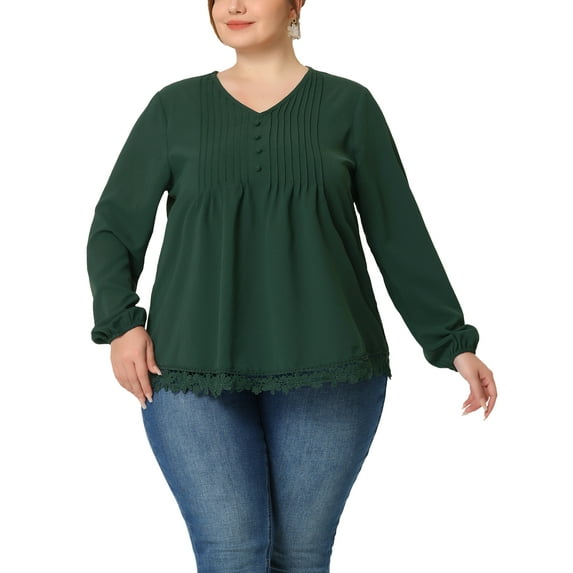 Agnes Orinda Women's Plus Size Fall Plain V Neck Elastic Long Sleeve Tops 2X Green