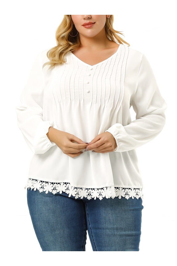 Women's Plus Size Blouse Spring Fall Plain V Neck Long Sleeve Casual Tops 2X White