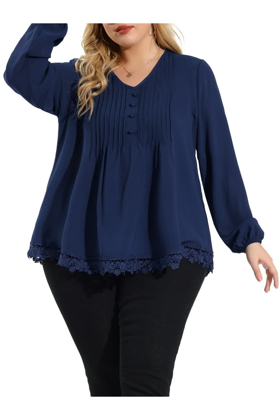 Women's Plus Size Fall Plain V Neck Elastic Long Sleeve Tops 3X Navy Blue