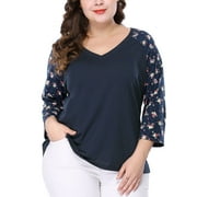 AGNES ORINDA Women's Plus Size Shirts Blouse V Neck 3/4 Sleeve Floral Raglan Casual Spring Fall Tops 1X Blue