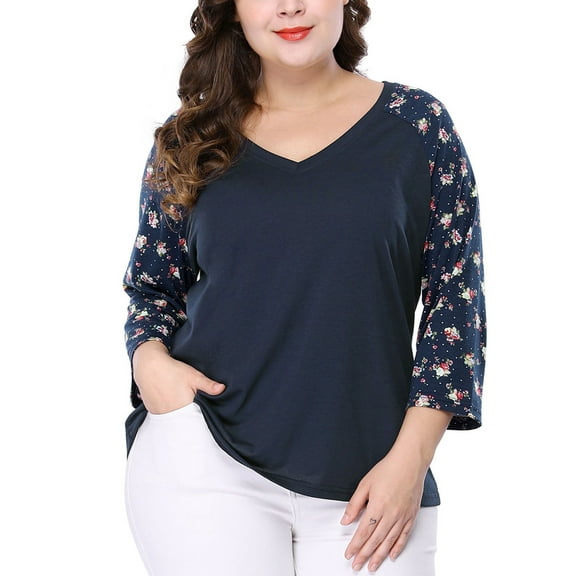 Agnes Orinda Women's Plus Size Shirts Blouse V Neck 3/4 Sleeve Floral Raglan Casual Spring Fall Tops 1X Blue