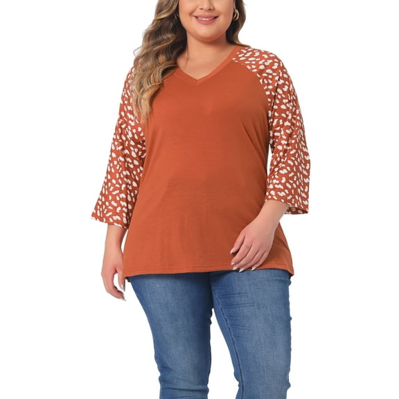 Agnes Orinda Women's Plus Size Shirts Blouse V Neck 3/4 Sleeve Floral Raglan Casual Spring Fall Tops 1X Brown