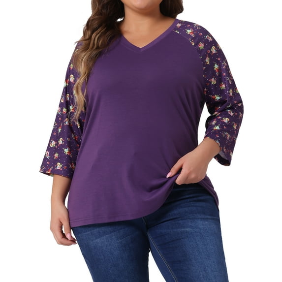 Agnes Orinda Women's Plus Size Shirts Blouse V Neck 3/4 Sleeve Floral Raglan Casual Spring Fall Tops 1X Purple
