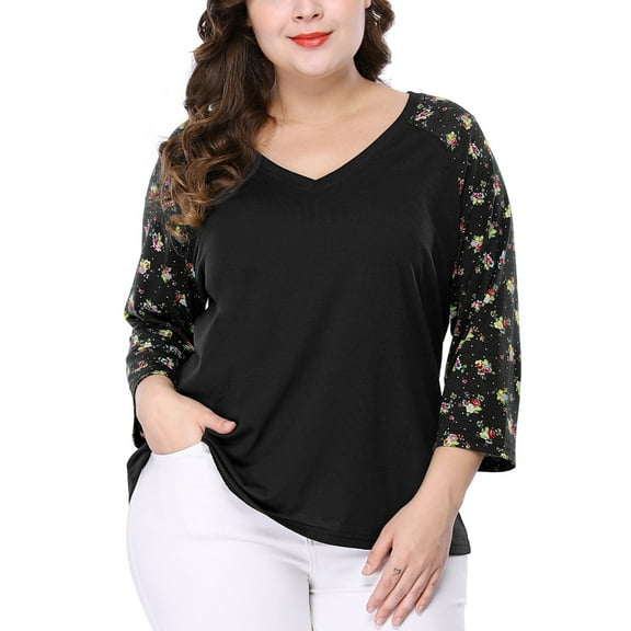 Agnes Orinda Women's Plus Size Shirts Blouse V Neck 3/4 Sleeve Floral Raglan Casual Spring Fall Tops 3X Black