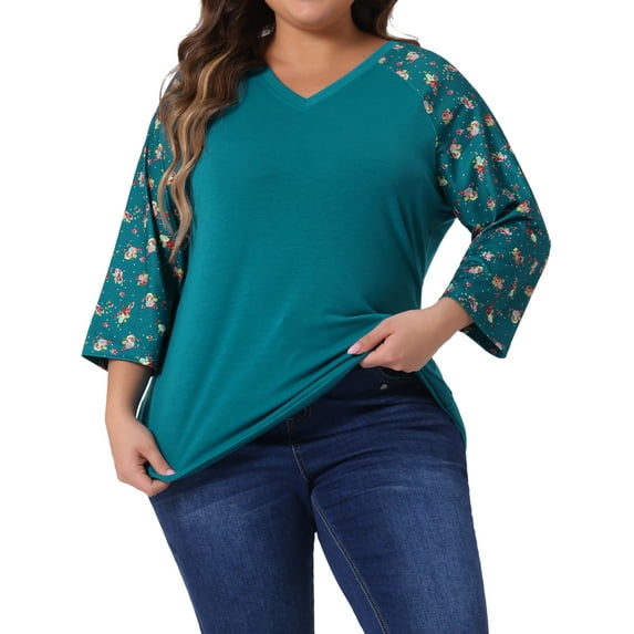 Agnes Orinda Women's Plus Size Shirts Blouse V Neck 3/4 Sleeve Floral Raglan Casual Spring Fall Tops 4X Peacock Blue