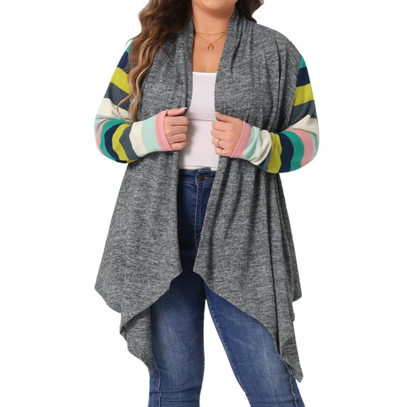 GRACE & GRANDEUR Women's Plus Size Cardigan Stripe Lightweight Sweater Outerwear 2X Dark Grey