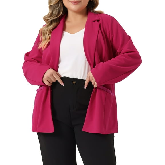 Agnes Orinda Women's Plus Size Fall Workwear Notched Lapel Button Down Office Blazer 1X Hot Pink