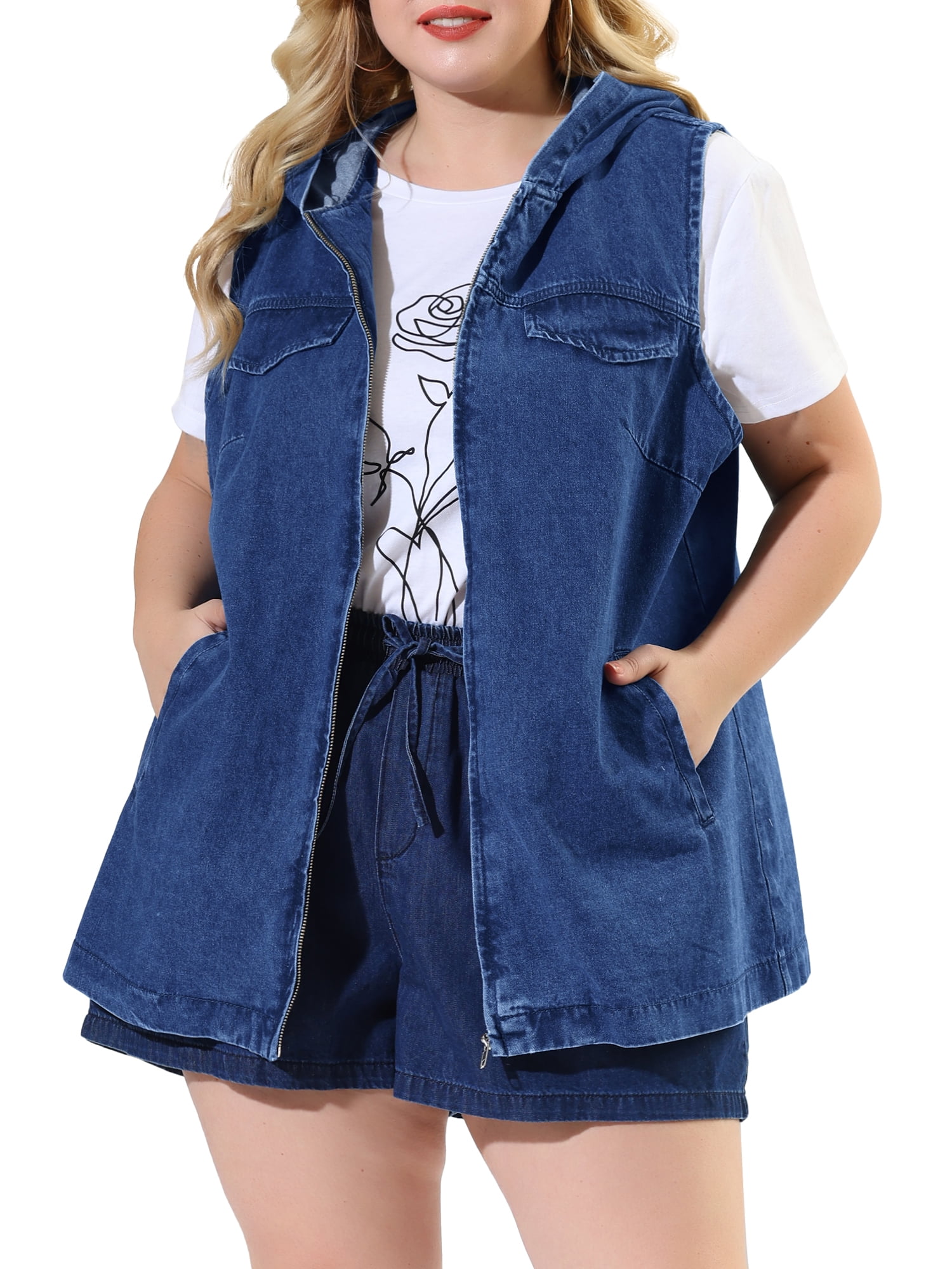 Agnes Orinda Women's Plus Size Fall Zipper Up Denim Sleeveless