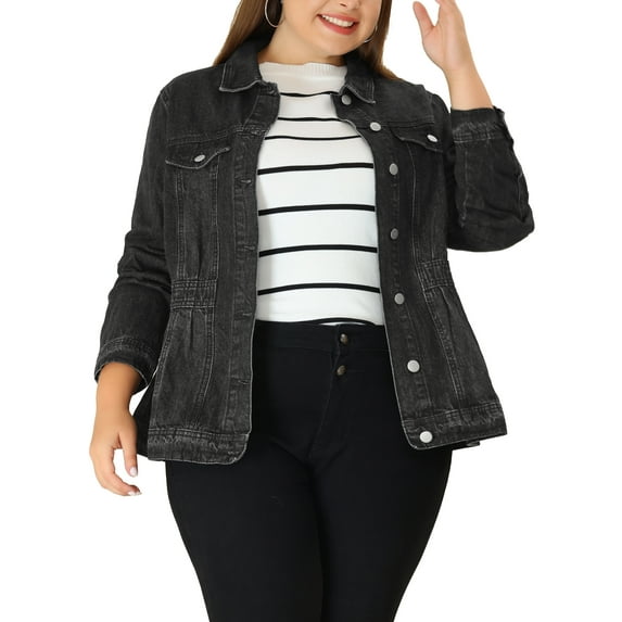 Agnes Orinda Plus Size Denim Jacket for Women Long Sleeve Button Down Washed Front Trucker Jean Jacket 1X Black