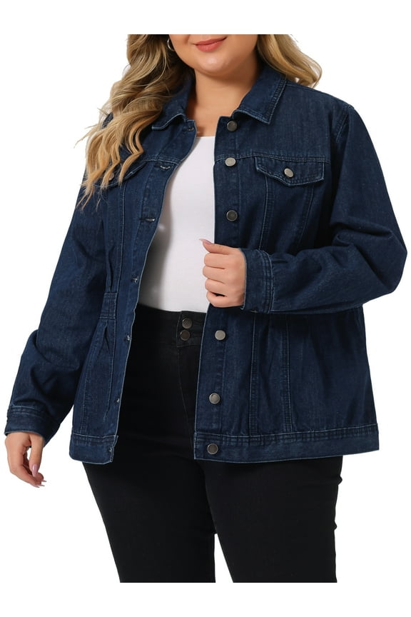 Plus Size Denim Jacket for Women Long Sleeve Button Down Washed Front Trucker Jean Jacket 3X Black Blue