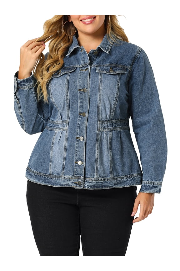 Plus Size Denim Jacket for Women Long Sleeve Button Down Washed Front Trucker Jean Jacket 4X Blue