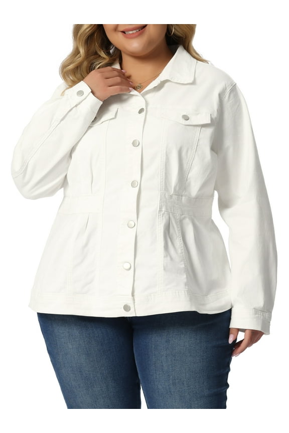 Plus Size Denim Jacket for Women Long Sleeve Button Down Washed Front Trucker Jean Jacket 4X White