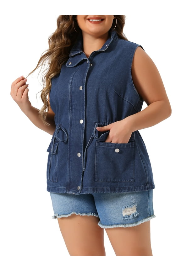 Women's Plus Size Fashion Sleeveless Jacket Drawstring Zip Denim Vest 3X Dark Blue