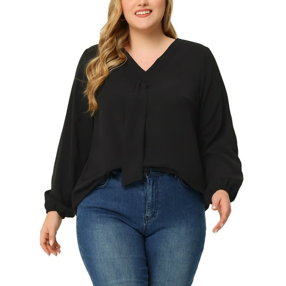 Agnes Orinda Women's Plus Size Fashion Work Long Sleeves Ribbon Front Chiffon Blouse 2X Black