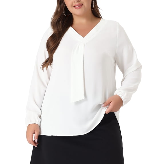 Agnes Orinda Women's Plus Size Fashion Work Long Sleeves Ribbon Front Chiffon Blouse 2X White