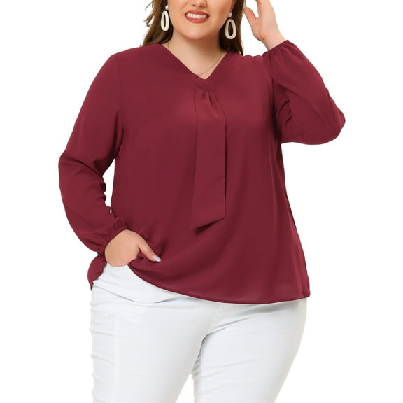 Agnes Orinda Women's Plus Size Fashion Work Long Sleeves Ribbon Front Chiffon Blouse 3X Burgundy