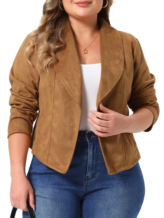 Women's Plus Size Halloween Outfits Faux Suede Jacket Lapel Open Front Long Sleeve Casual Vintage Cropped Coat with Pockets 2X Brown