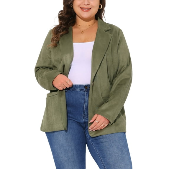 Agnes Orinda Women's Plus Size Faux Suede Jacket Long Sleeve Notch Lapel Button Blazer Coat 2X Army Green