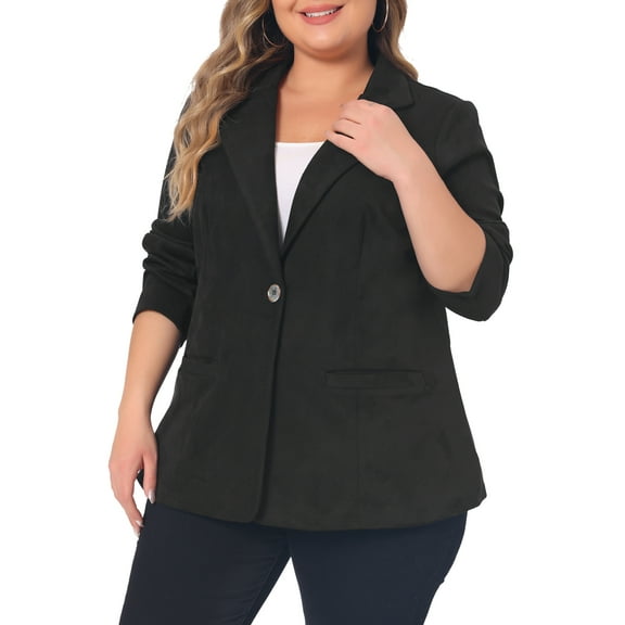 Agnes Orinda Women's Plus Size Faux Suede Jacket Long Sleeve Notch Lapel Button Blazer Coat 3X Black