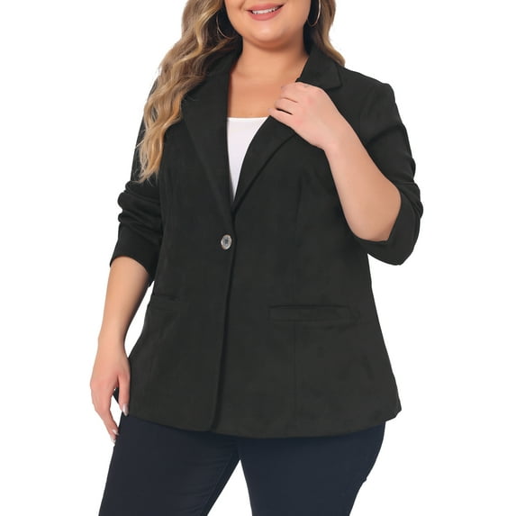Agnes Orinda Women's Plus Size Faux Suede Jacket Long Sleeve Notch Lapel Button Blazer Coat 4X Black