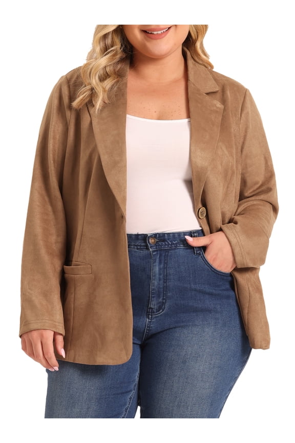 Women's Plus Size Faux Suede Jacket Long Sleeve Notch Lapel Button Blazer Coat 4X Khaki