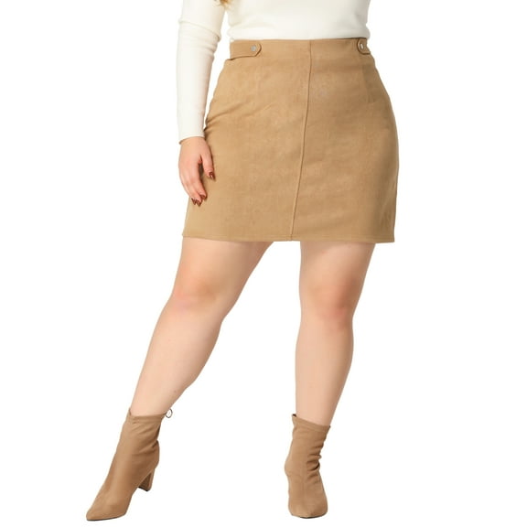 Agnes Orinda Women's Plus Size Faux Suede Side Buttons Bodycon Fashion Mini Skirt 1X Light Khaki