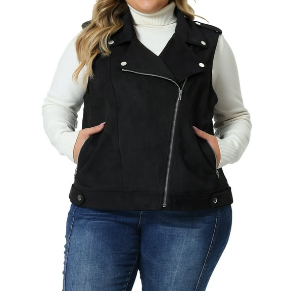 Agnes Orinda Women's Plus Size Faux Suede Vests for Winter Lapel Zipper Utility Motorcycle Suede Jacket Vest