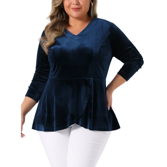 Agnes Orinda Women's Plus Size St. Patrick's Day Festival Party Velvet Curvy Fall Winter Babydoll Blouse 2X Dark Blue