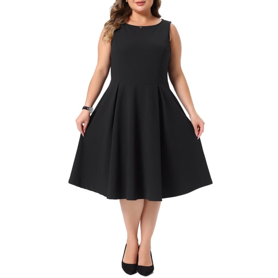 Agnes Orinda Women's Plus Size Flare A-Line Dress Boat Neck Sleeveless Pleated Office Work Cocktail Dresses with Pockets 2X Black