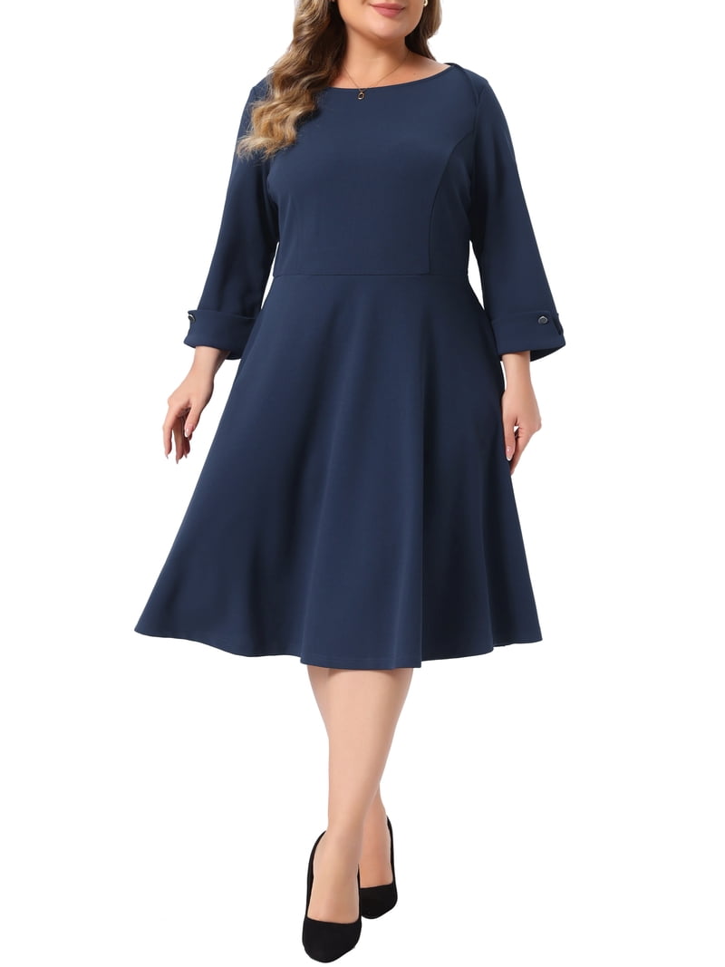 Agnes Orinda Women's Plus Size Flare Dress Boat Neck 3/4 Sleeve Business Casual Formal Office A-Line Midi Dresses with Pocket 1X Navy Blue, Size: 1XL