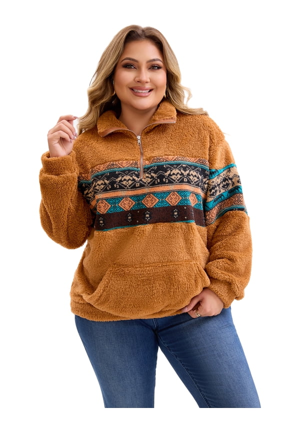 Women's Plus Size Fleece Sweatshirt Western Aztec Print Pullover 1/4 Zip Long Sleeve Casual Jacket with Pockets 2X Brown