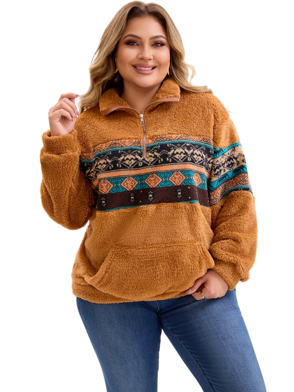 Women's Plus Size Fleece Sweatshirt Western Aztec Print Pullover 1/4 Zip Long Sleeve Casual Jacket with Pockets 2X Brown