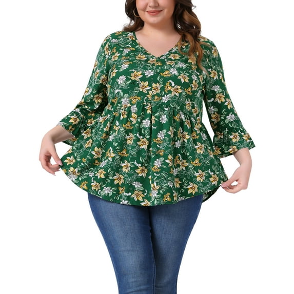Agnes Orinda Women's Plus Size Valentines Day Floral Blouses V Neck Ruffle 3/4 Sleeves Babydoll Peplum Tops 1X Green