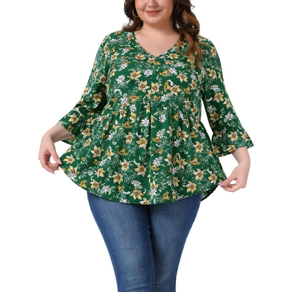 Agnes Orinda Women's Plus Size Valentines Day Floral Blouses V Neck Ruffle 3/4 Sleeves Babydoll Peplum Tops 2X Green