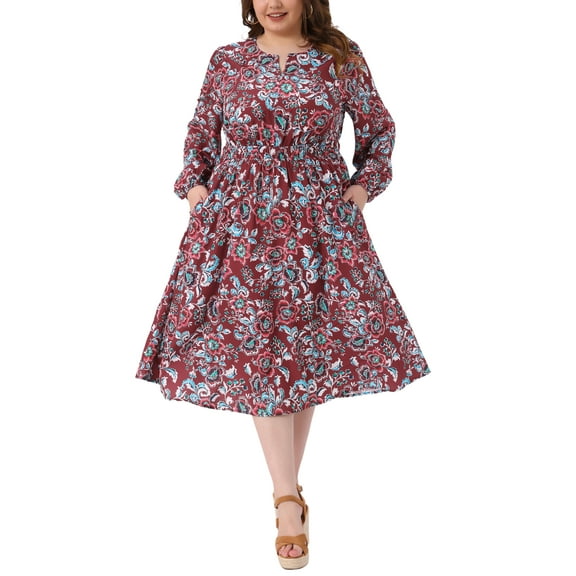 Plus Size Dress for Women 2025 Fall Boho Floral Notch V Neck Long Sleeve A Line Flowy Dress with Pockets 1X Burgundy