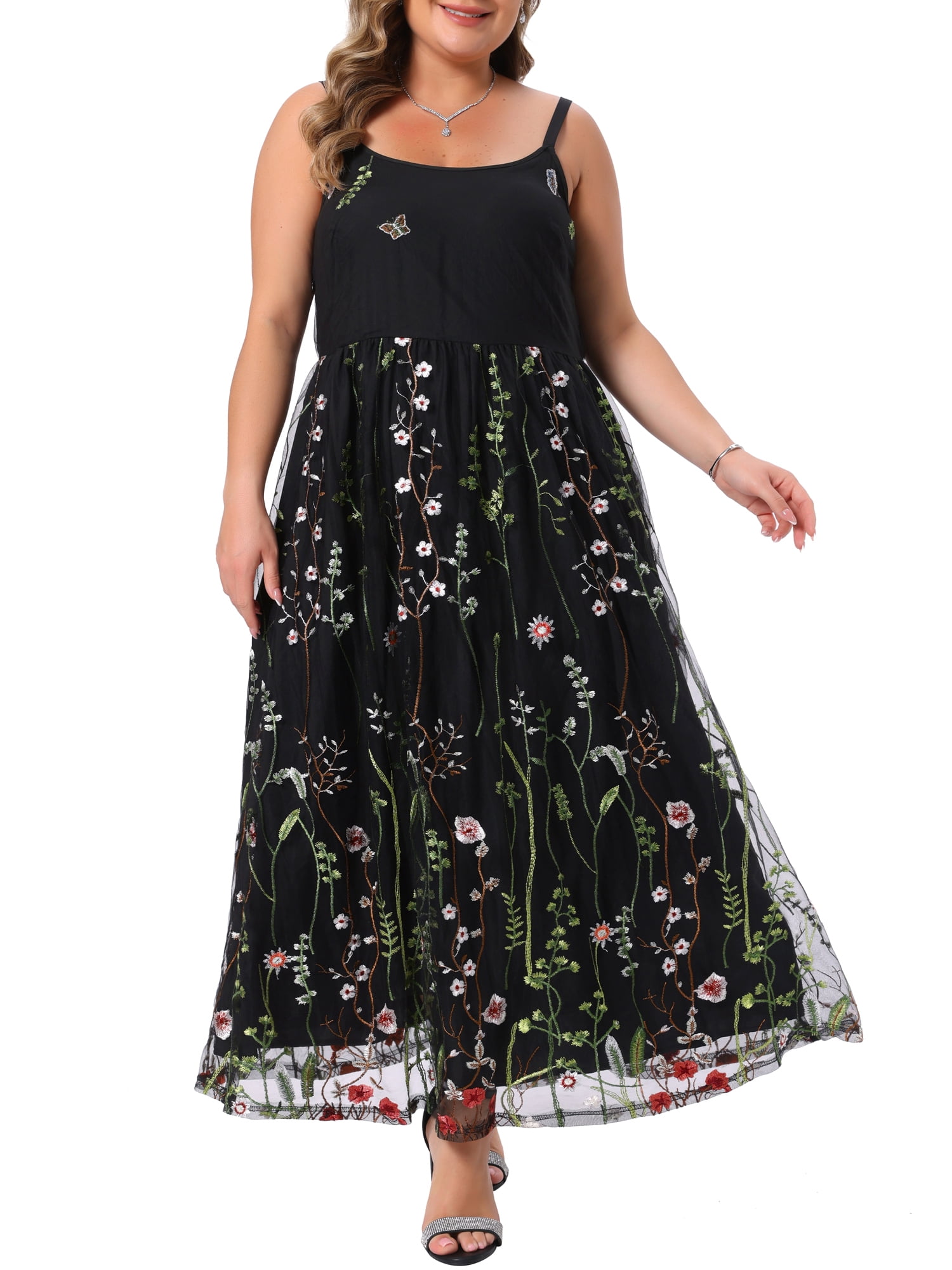 plus size embroidered mesh dress Dark Yellow Floral Embroidered Mesh Plus Dress