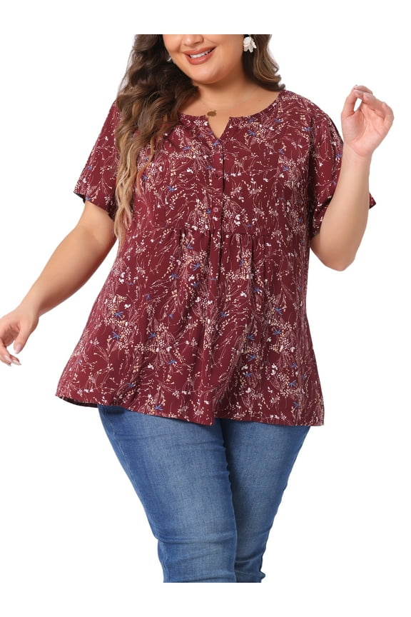Women's Plus Size Peplum Tops Floral Half Placket Short Sleeves Casual Blouses 1X Burgundy