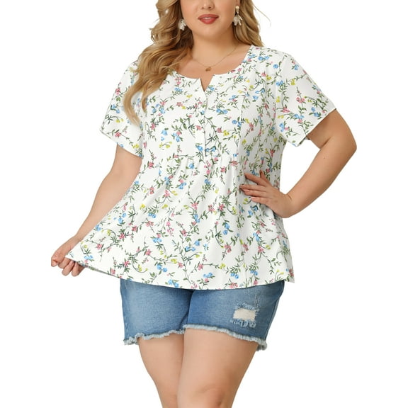 Agnes Orinda Women's Plus Size Peplum Tops Floral Half Placket Short Sleeves Casual Blouses 1X White