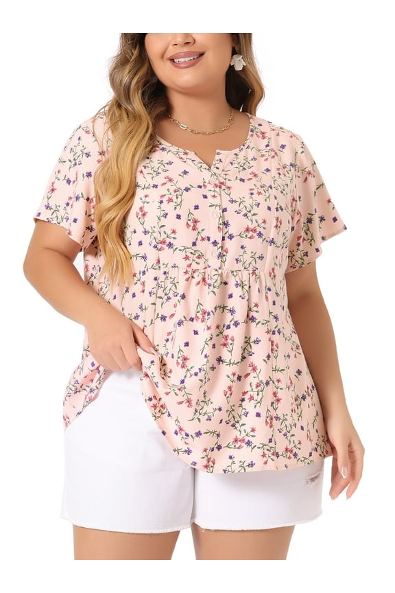 Women's Plus Size Peplum Tops Floral Half Placket Short Sleeves Casual Blouses 2X Pink