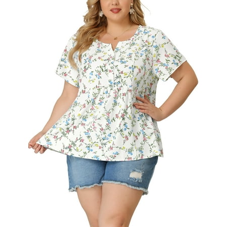 Agnes Orinda Women's Plus Size Peplum Tops Floral Half Placket Short Sleeves Casual Blouses 2X White