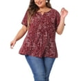 thumbnail image 1 of Agnes Orinda Women's Plus Size Peplum Tops Floral Half Placket Short Sleeves Casual Blouses 3X Burgundy, 1 of 7