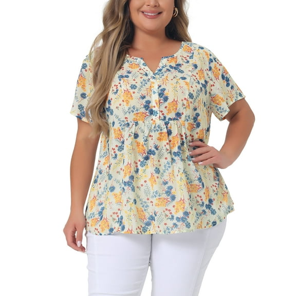 Agnes Orinda Women's Plus Size Peplum Tops Floral Half Placket Short Sleeves Casual Blouses 4X Beige