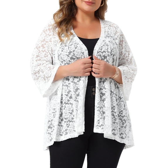 Agnes Orinda Women's Plus Size Halloween Outfits School College Floral Lace Cardigans Open Front 3/4 Bell Sleeve Front Pleated Lightweight Wedding Vacation Guest Sheer Shrugs 2X White