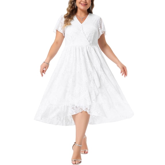 Agnes Orinda Women's Plus Size Floral Lace Dresses Double Layered Faux Wrap V Neck Short Sleeve Flowy Cocktail Midi A Line Dress 1X Raw white