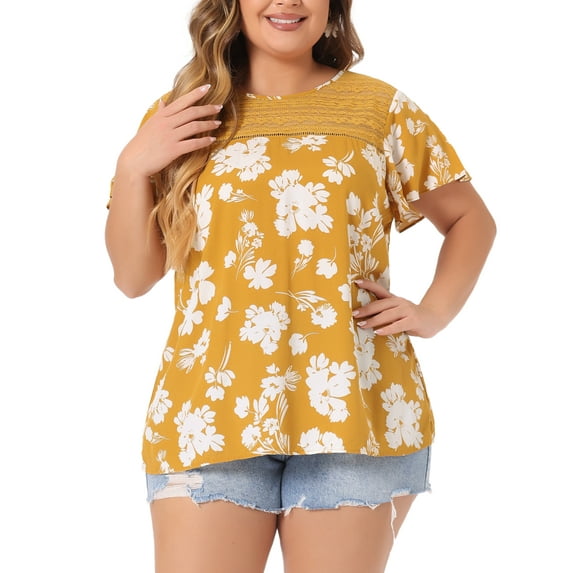 Agnes Orinda Women's Plus Size Tops Floral Print Round Neck Lace Flared Short Sleeve Keyhole Back Blouse 1X Yellow