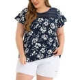thumbnail image 1 of Agnes Orinda Women's Plus Size Tops Floral Print Round Neck Lace Flared Short Sleeve Keyhole Back Blouse 2X Navy Blue, 1 of 5